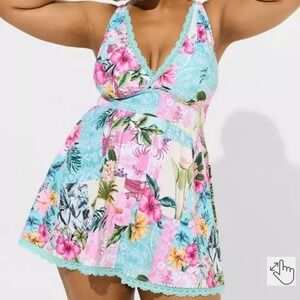 Torrid Lelani Floral Print Lace Trim Swim Dress Wireless SwimSuit 1X